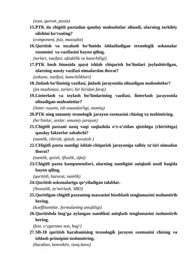 "Paxtani dastlabki ishlash texnologiyasi va jihozlari" fanidan YADA bo‘yicha savollar to‘plami 2