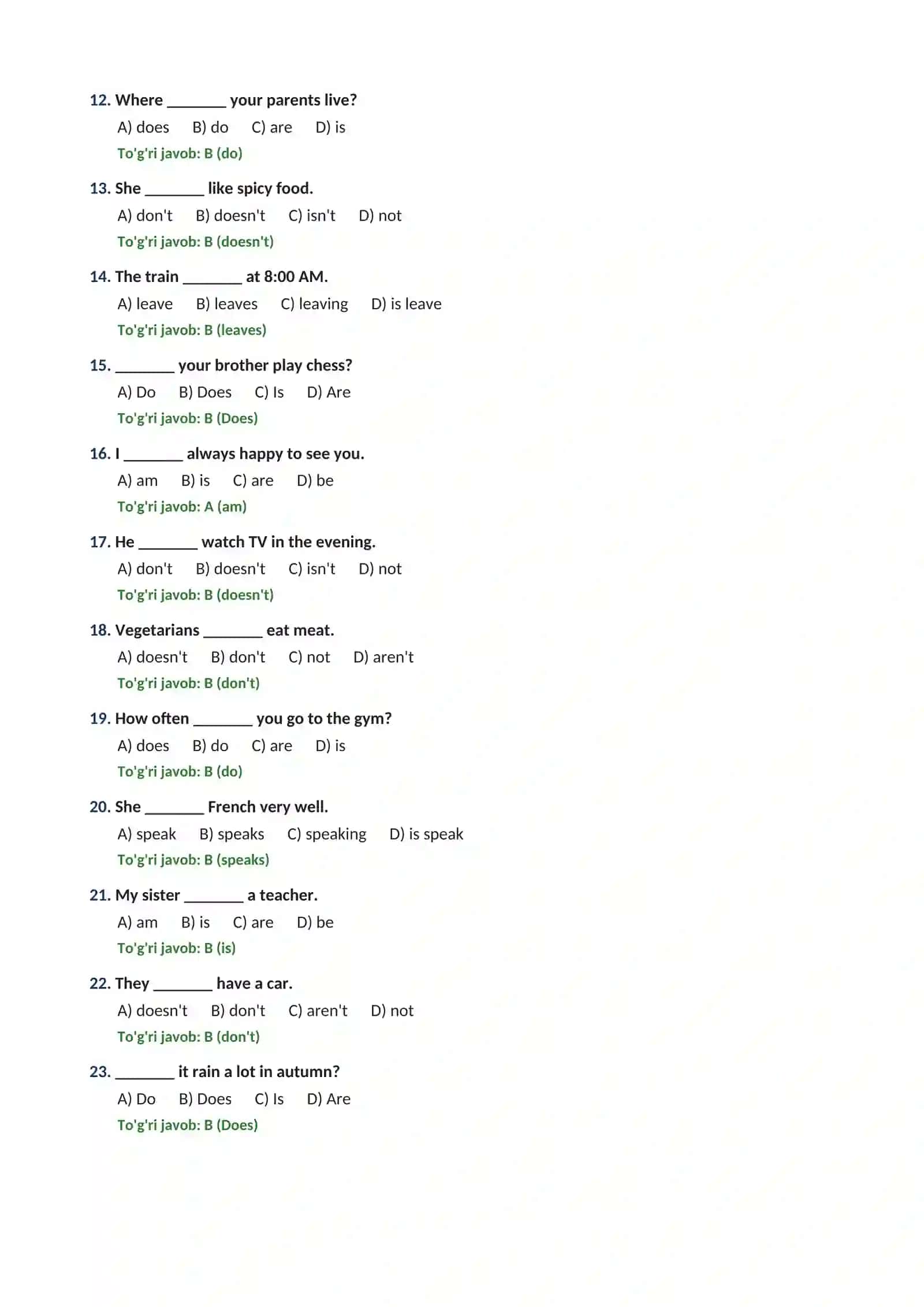 PRESENT SIMPLE TENSE 50 TA TEST TOPSHIRIQLARI JAVOBLARI BILAN 2