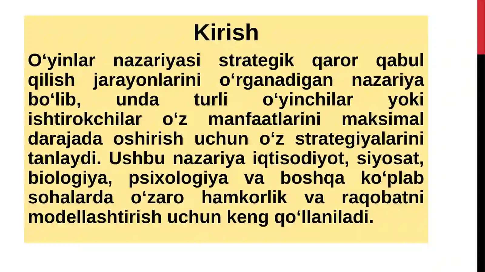 O'yinlar nazariyasi va o'zaro hamkorlikni modellashtirish 2
