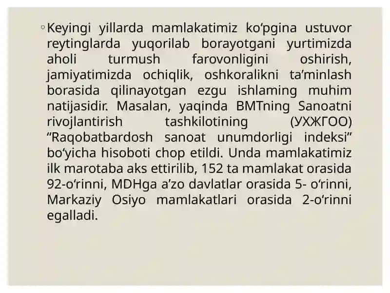 Xalqaro reyting va indekslarda O‘zbekiston pozitsiyasi 2