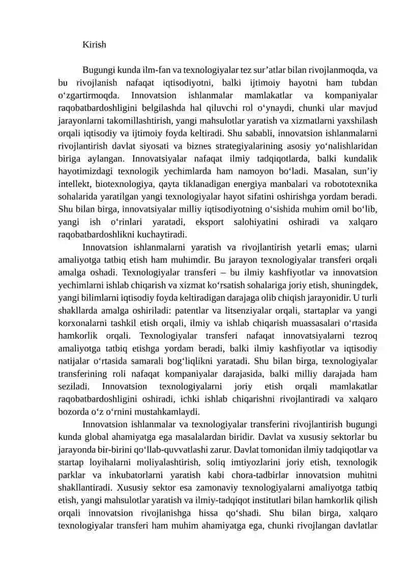 Innovatsion ishlanmalar va texnologiyalar transferini rivojlantirish 2