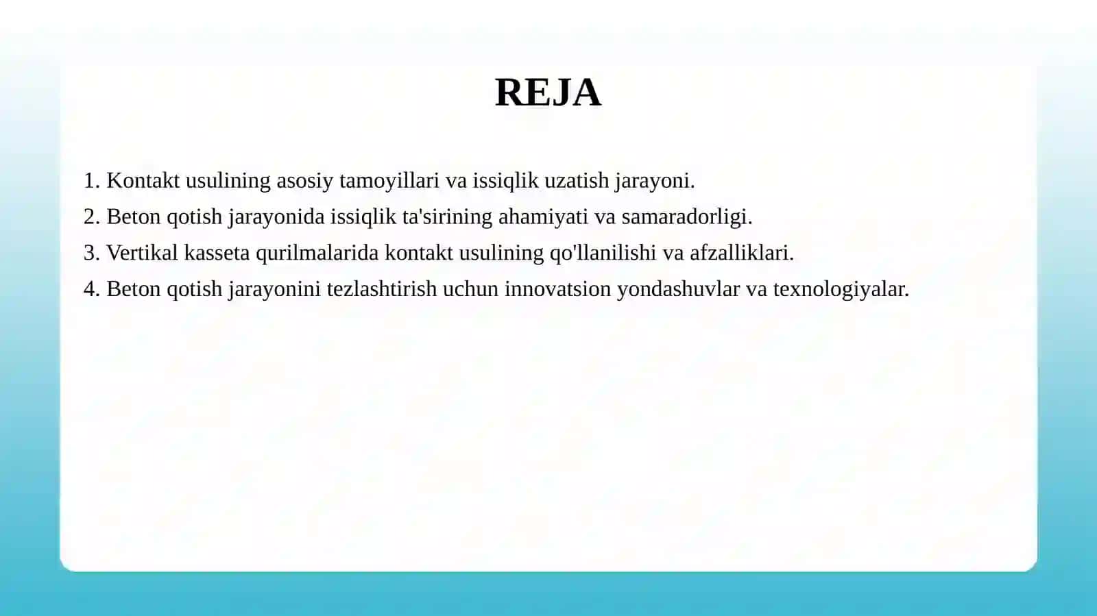 Kontаkt usuldа, issiqlik uzаtish yordаmidа beton qotish jаrаyonini tezlаtish usuli. Vertikаl kаssetа qurilmаlаridа kontаkt usulidа beton qotishini tezlаshtirish. 2