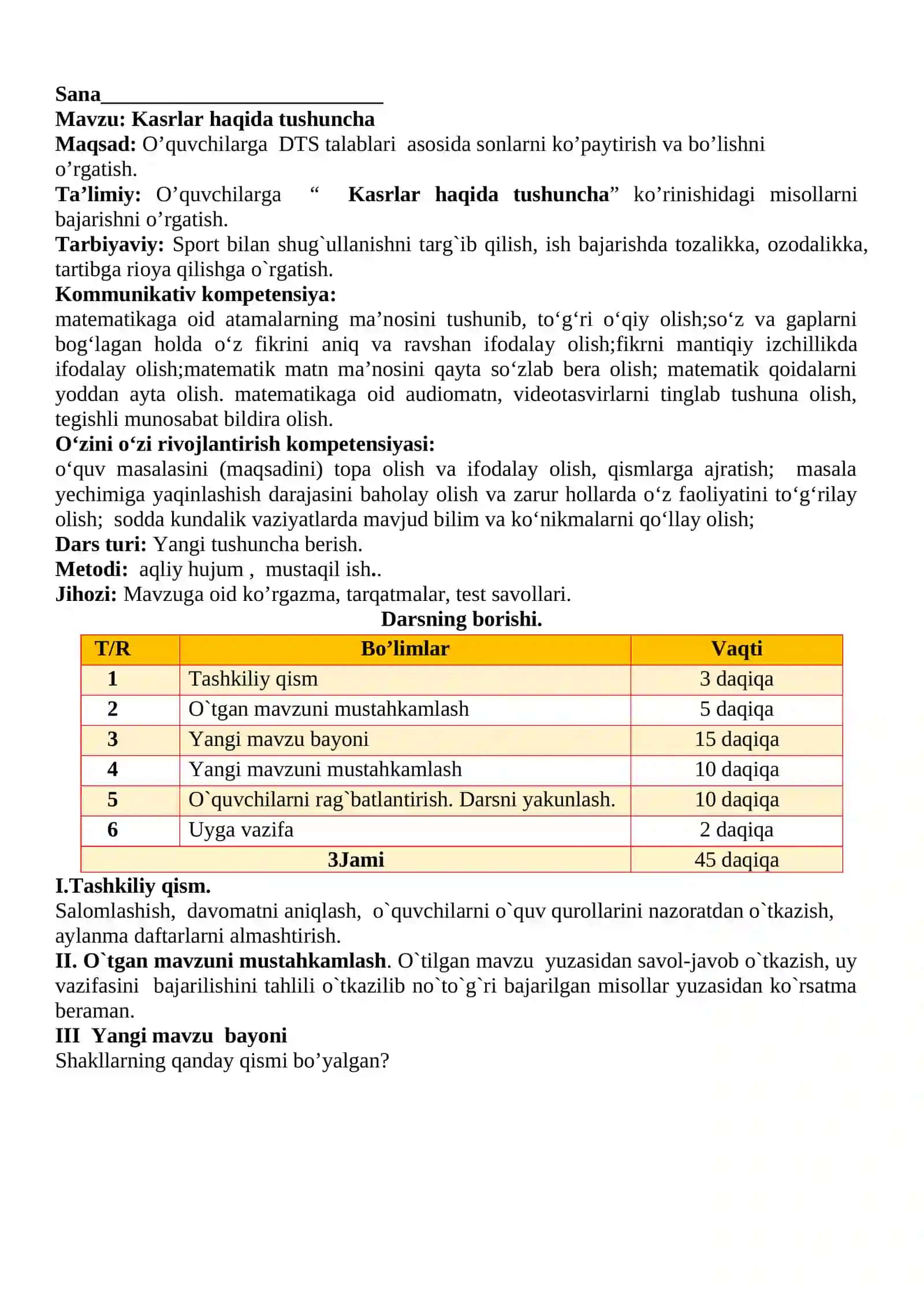 3-sinf Matematika fanidan Kasrlar haqida tushuncha dars ishlanma 2