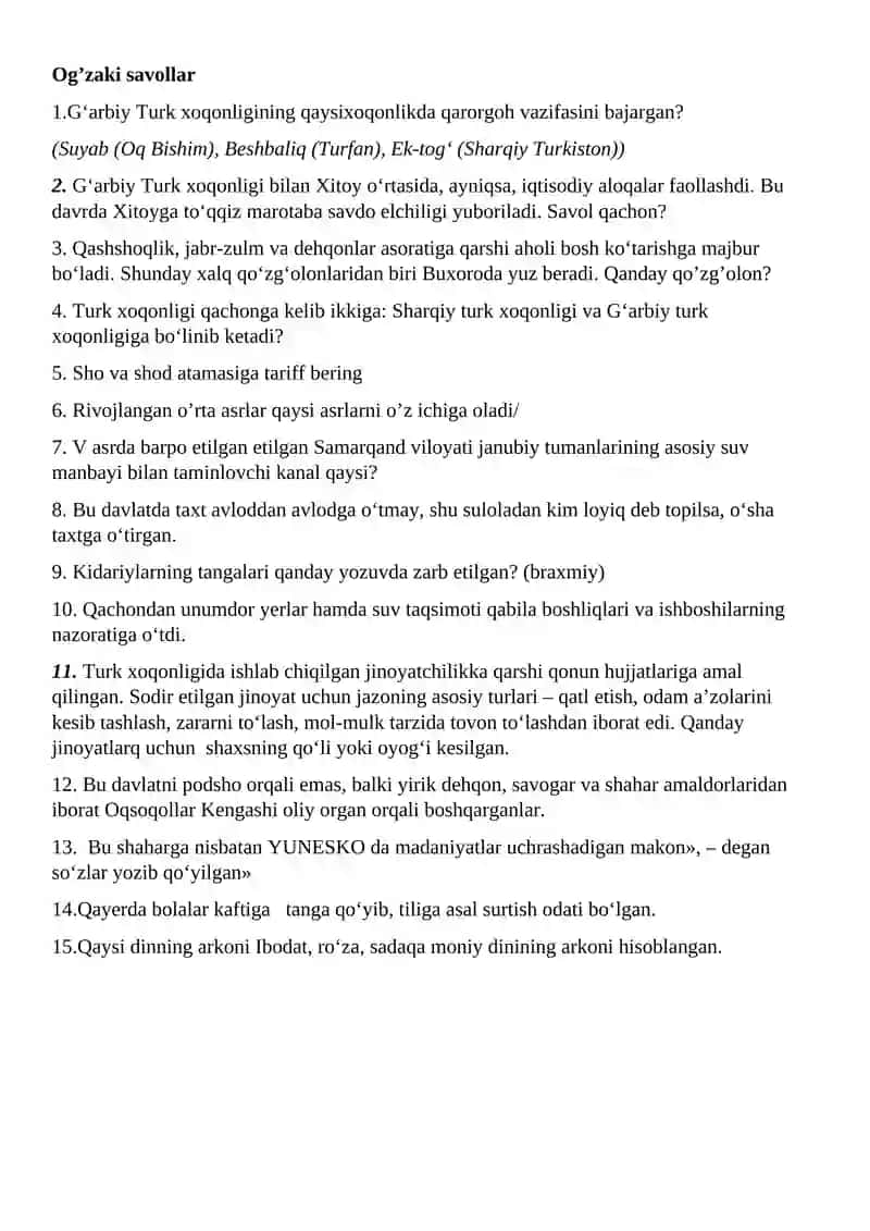 7-sinflar uchun 1-chorak o’zbekiston tarixi zakovat savollari yozma 2