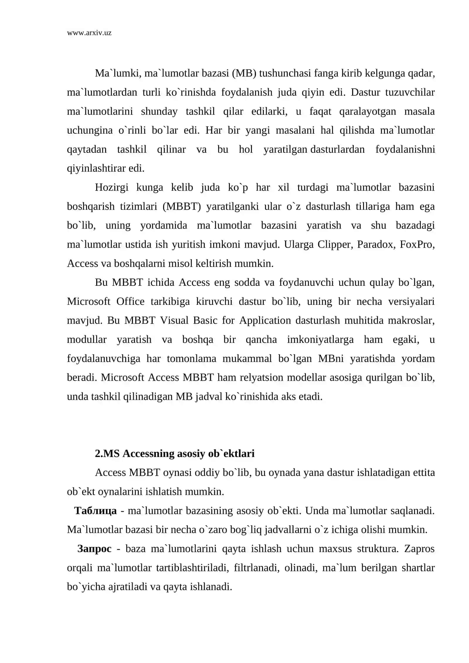 MS Accessning asosiy ob`еktlari 2