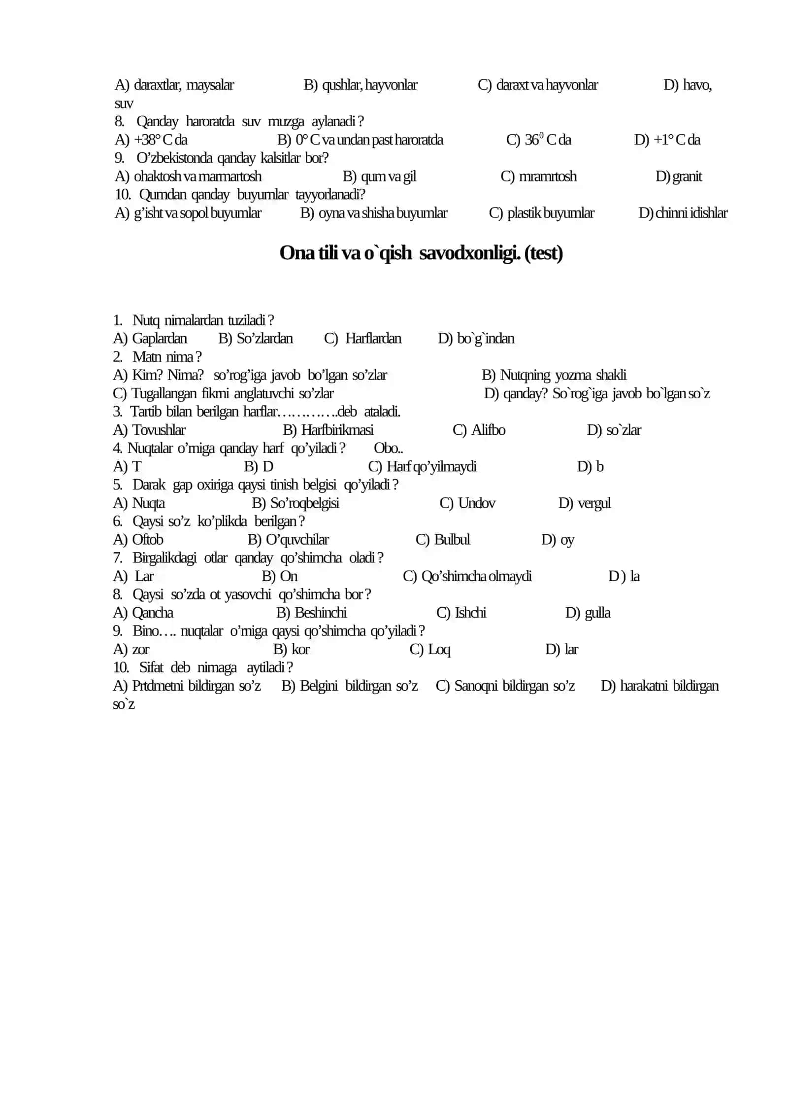 3-sinf Ona tili va oqish Matematika Xorijiy til Blok test 2