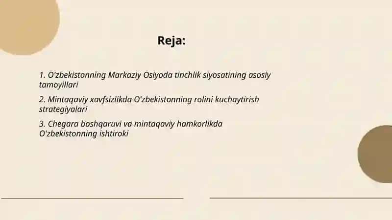 O'zbekistonning Markaziy Osiyoda tinchlik va barqarorlikni taminlashdagi o'rni 2