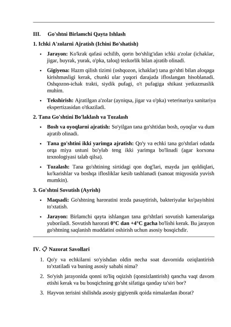 Qo‘y va echki go‘shtini birlamchi qayta ishlash jarayoni 2