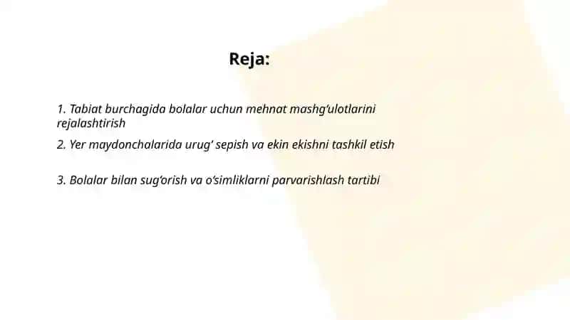 O‘rta guruh bolalarini tabiatda mehnatlarini tashkil etish (tabiat burchagida, yer maydonchalarida) 2