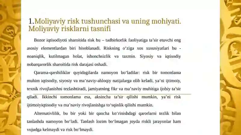 Moliyaviy risklarning mazmun-mohiyati, tasniflanishi va iqtisodiy jarayonlarga ta'siri 2