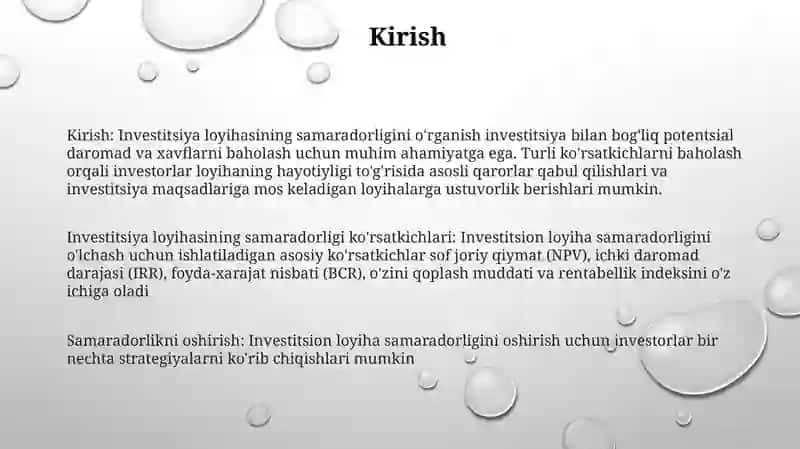 Investitsiyaviy Loyixalar Samadorligi Ko’Rsatkichlari Va Ularni Oshirish Yo’Llar 2