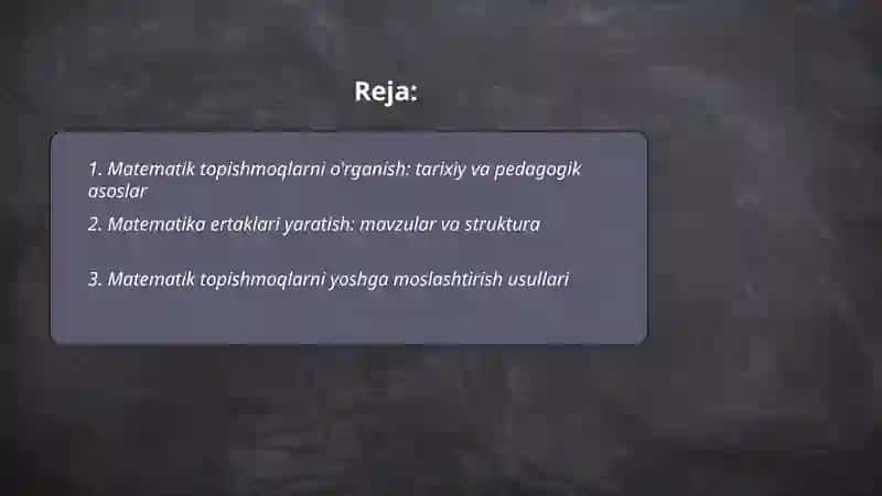 Matematik topishmoqlarni o'rganish. Matematik ertaklar. Matematikadan devoriy gazetalar. Matematik o'n minutliklar. Matematik kecha ssenariylar tuzish. Sehrli kvadratlar tuzish ularni tadbiqini yaratish. Matematik boshqotirmalar yaratish 2