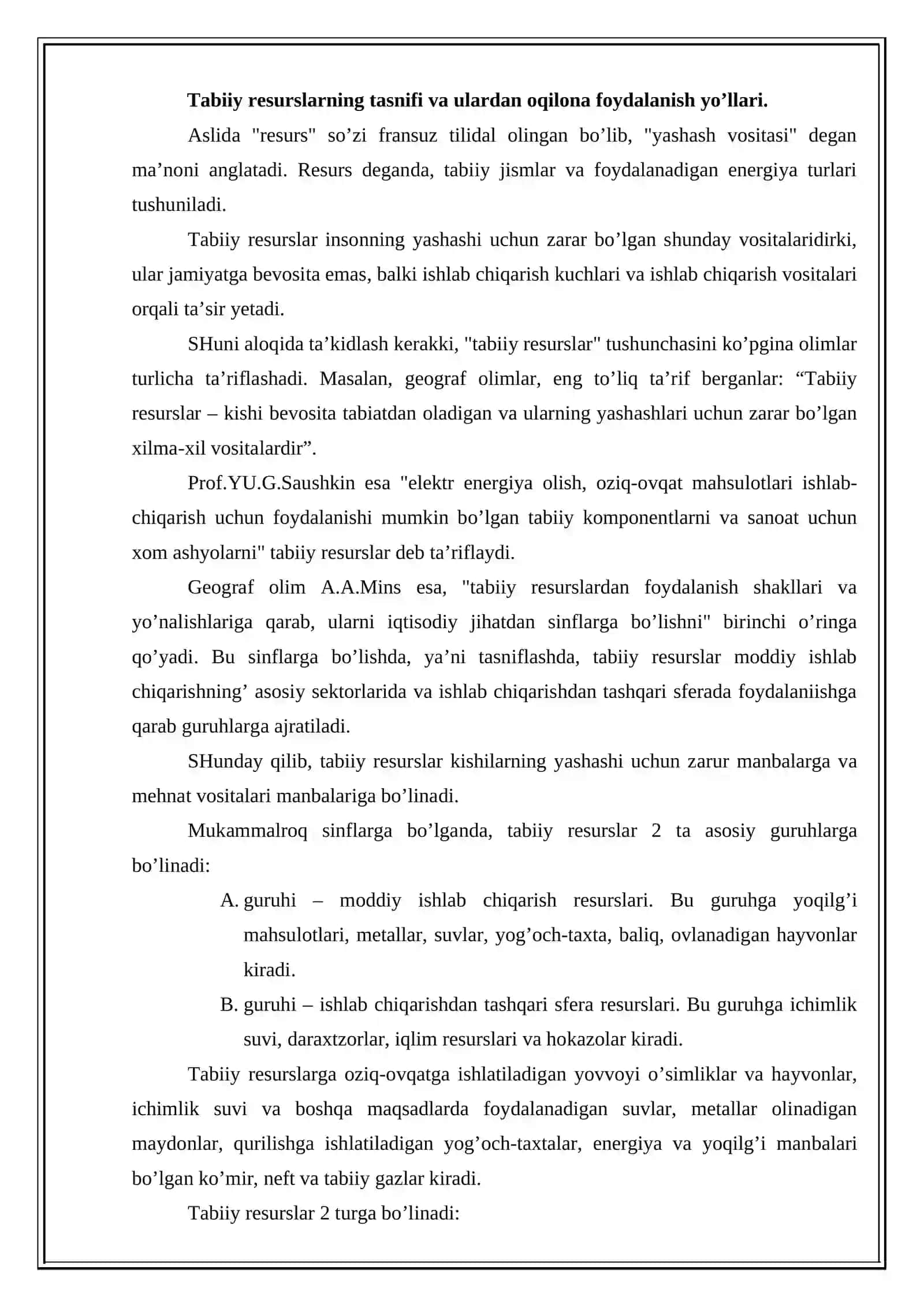Tabiiy resurslar tasnifi va ularning tasniflanishi 2
