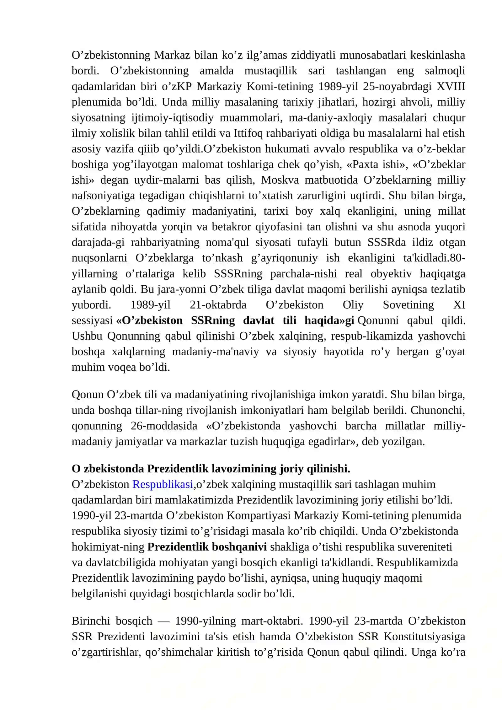 MUSTAQILLIK DEKLARATSIYASINING QABUL QILINISHI. O’ZBEKISTON BILAN MARKAZ MUNOSABATLARINING KESKINLASHUVI 2