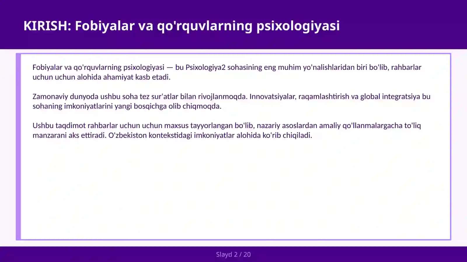 FOBİYALAR VA QO'RQUVLARNING PSİXOLOGİYASI 2