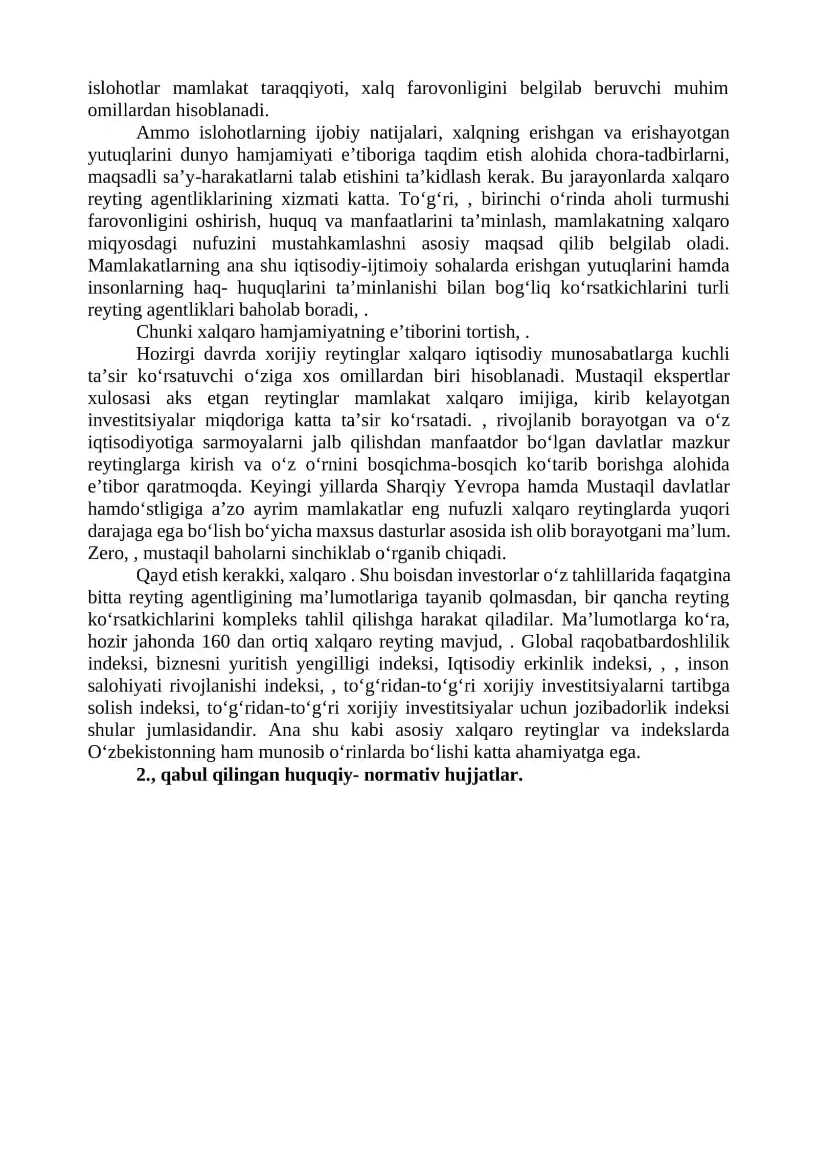 O‘ZBEKISTON RESPUBLIKASINING XALQARO REYTING VA INDEKSLARDAGI O‘RNI VA NUFUZINING ORTIB BORISHI 2