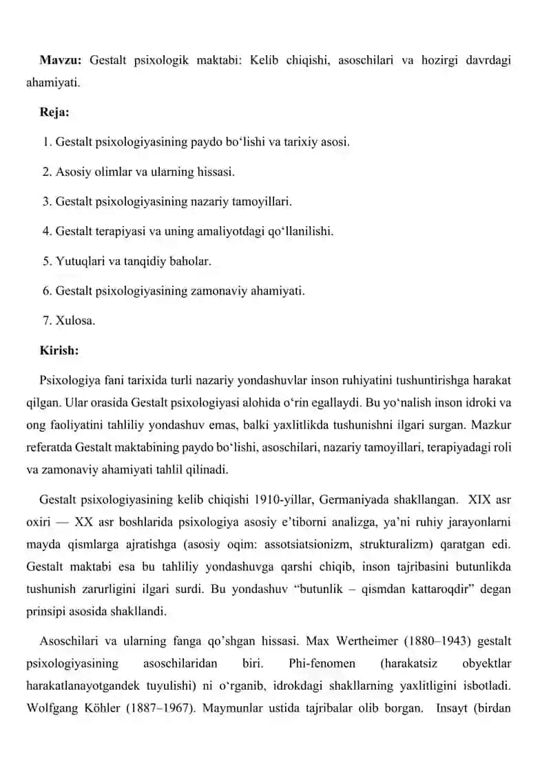 Gestalt psixologik maktabi: Kelib chiqishi, asoschilari va hozirgi davrdagi ahamiyati. 2