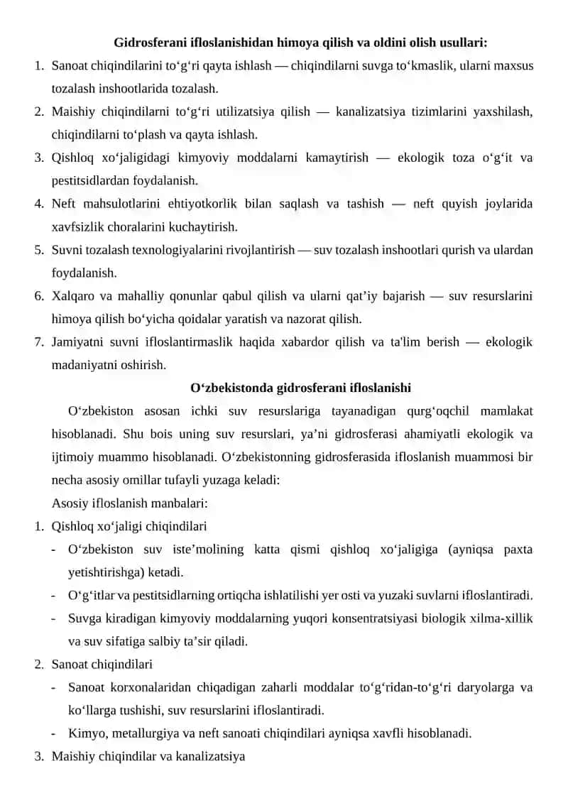 Gidrosfera ifloslanishi va oldini olish 2