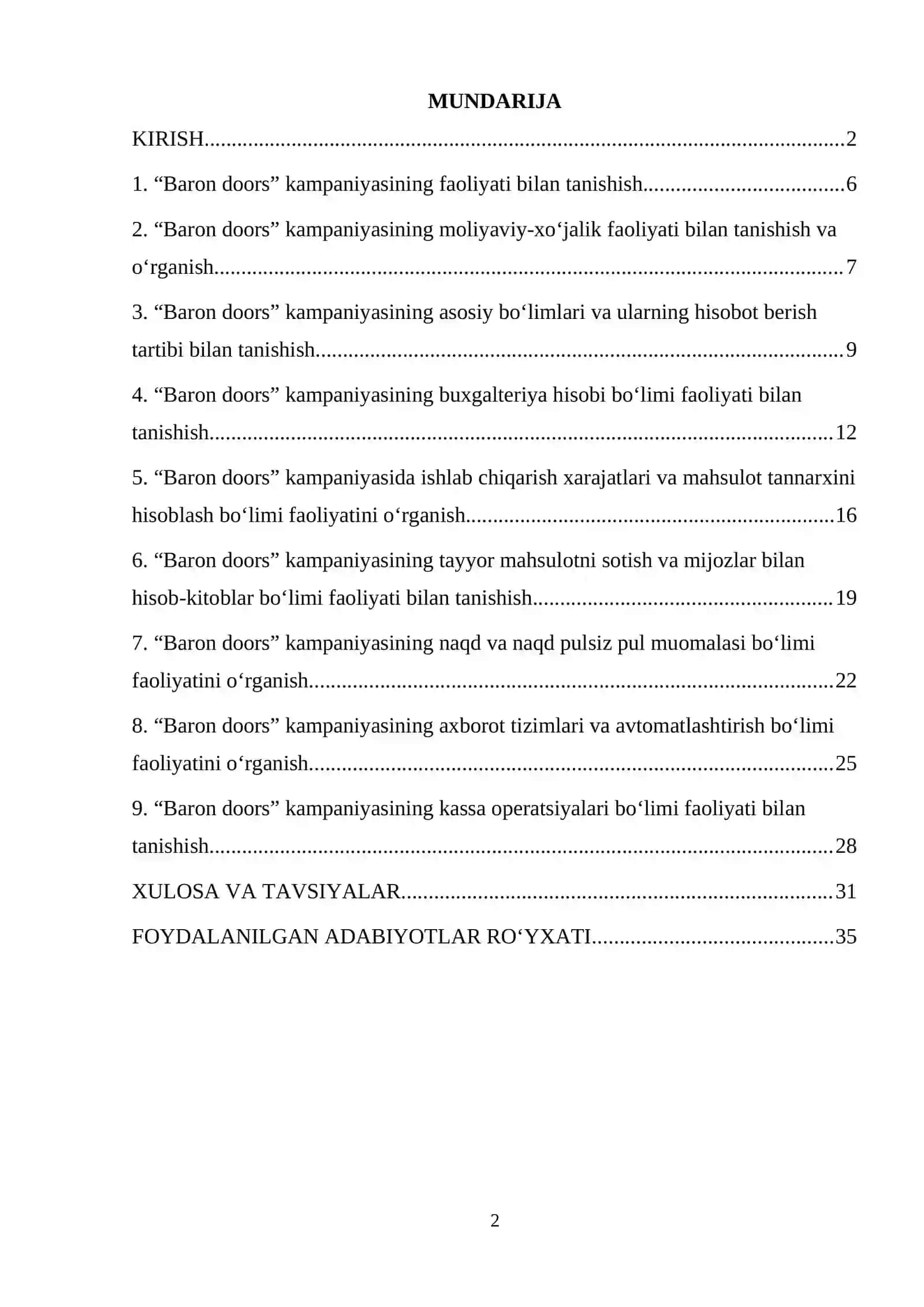 MALAKAVIY AMALIYOT HISOBOTI. faoliyati eshik va mebel mahsulotlarini ishlab chiqarish. 2