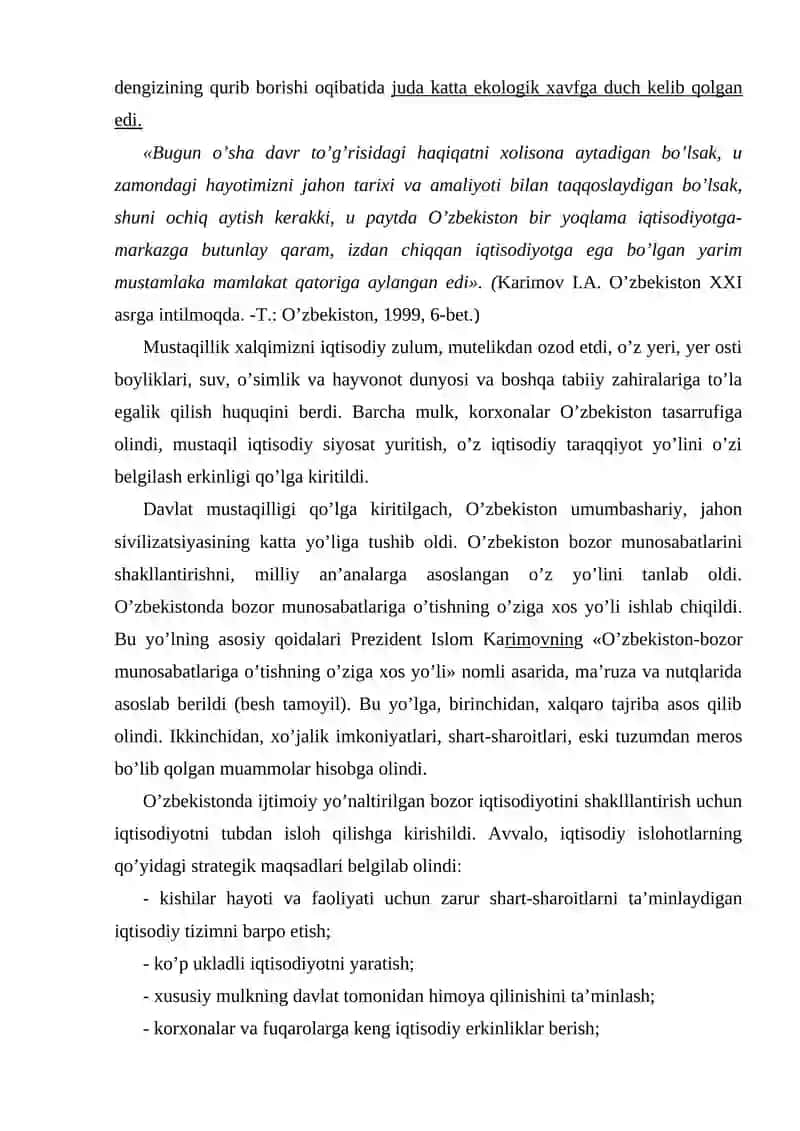 Iqtisodiy islohotlar, xususiy mulkchilikning shakllanishi. O‘zbekistonda bozor munosabatlarining rivojlanishi. 2