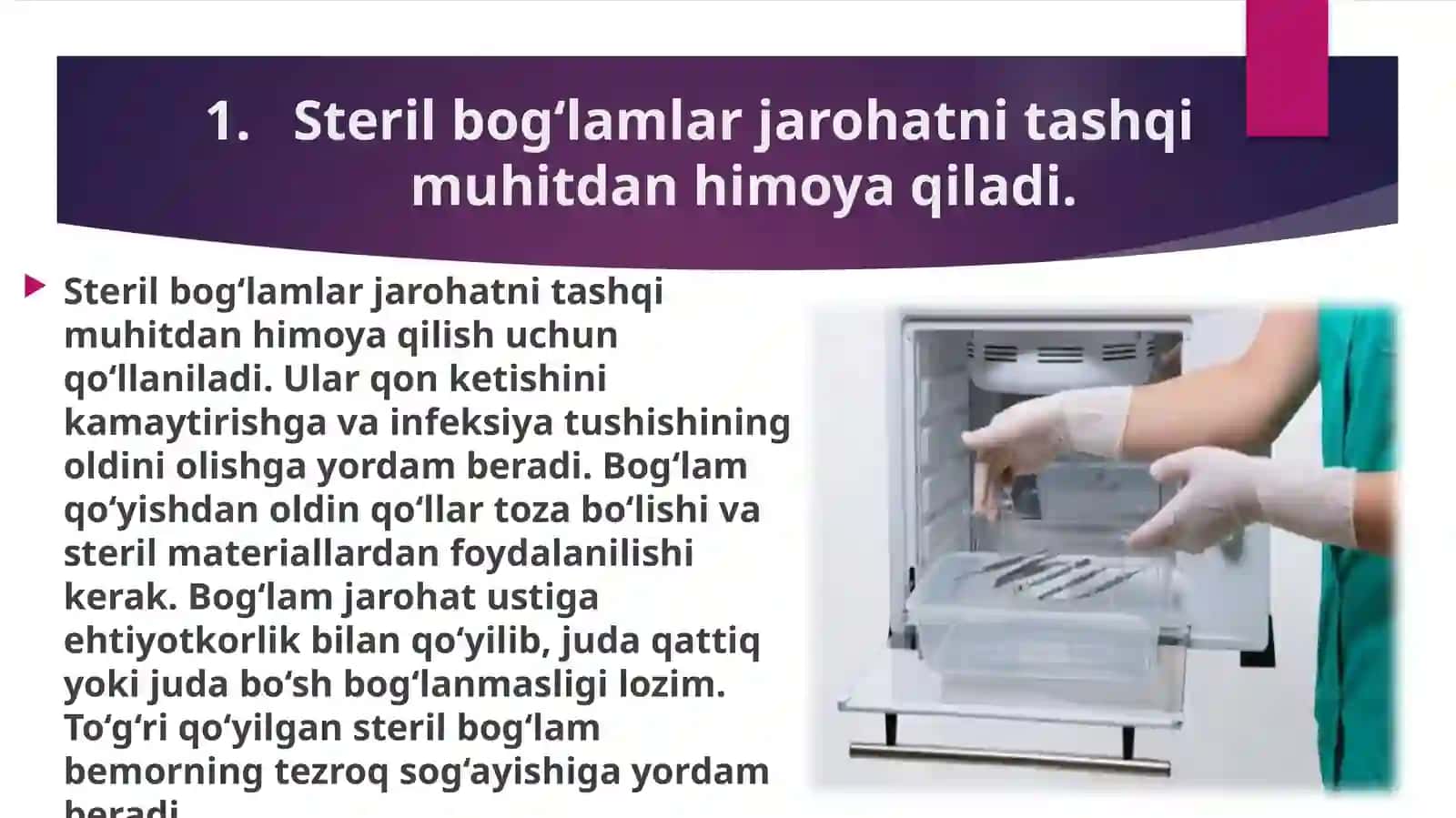 Bosh, ko‘krak, qorin, qo‘l va oyoqlargasterilizatsiyaqilingan bog‘lamlar qo‘yish 2