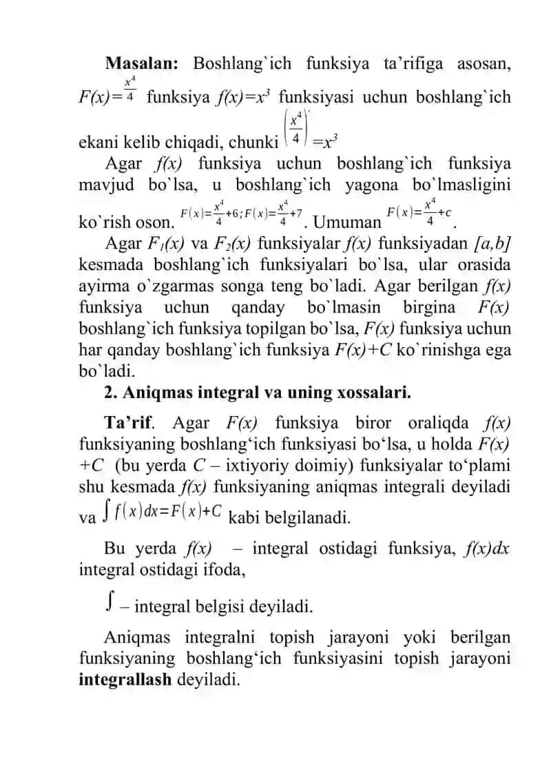 Boshlang’ich funksiya. Aniqmas integral. Aniq integral, uning tadbiqlari. 2