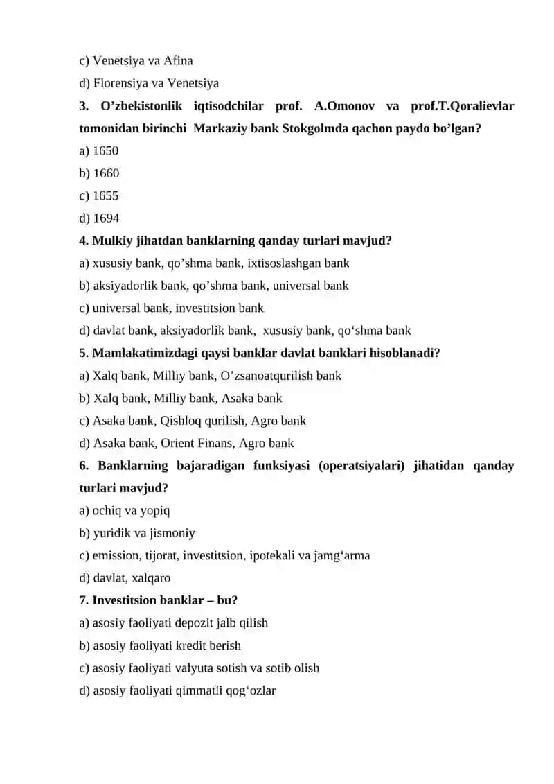 BANKLARNING KELIB CHIQISHI VA BANK TIZIMI MAVZUSIDA TUZILGAN TOPSHIRIQLAR 2
