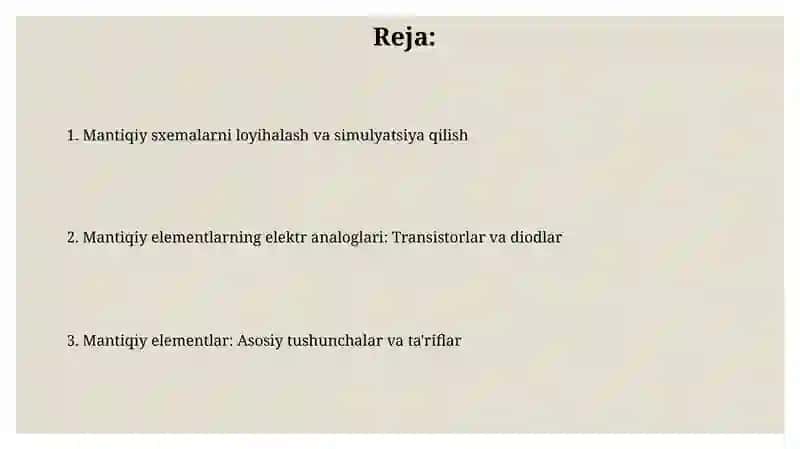 Mantiqiy elementlar va ularning elektr analoglari(oʻxshashlari) 2