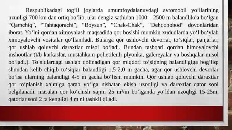Ko‘chkili va to‘kilmaliyerlarda Yo‘llarni loyihalash 2