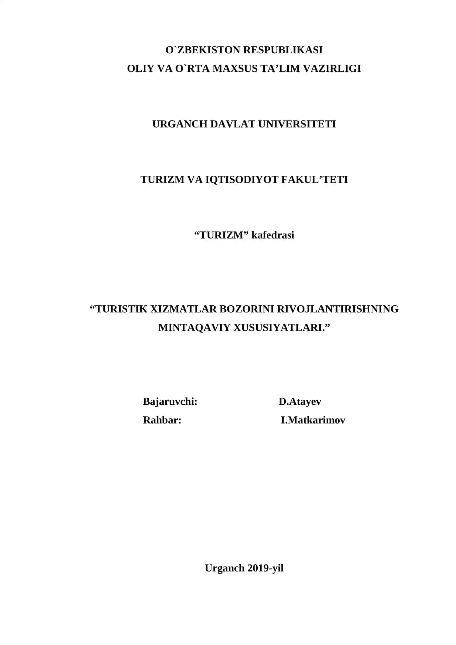 "ТURISTIK XIZMATLAR BOZORINI RIVOJLANTIRISHNING MINTAQAVIY XUSUSIYATLARI" 2