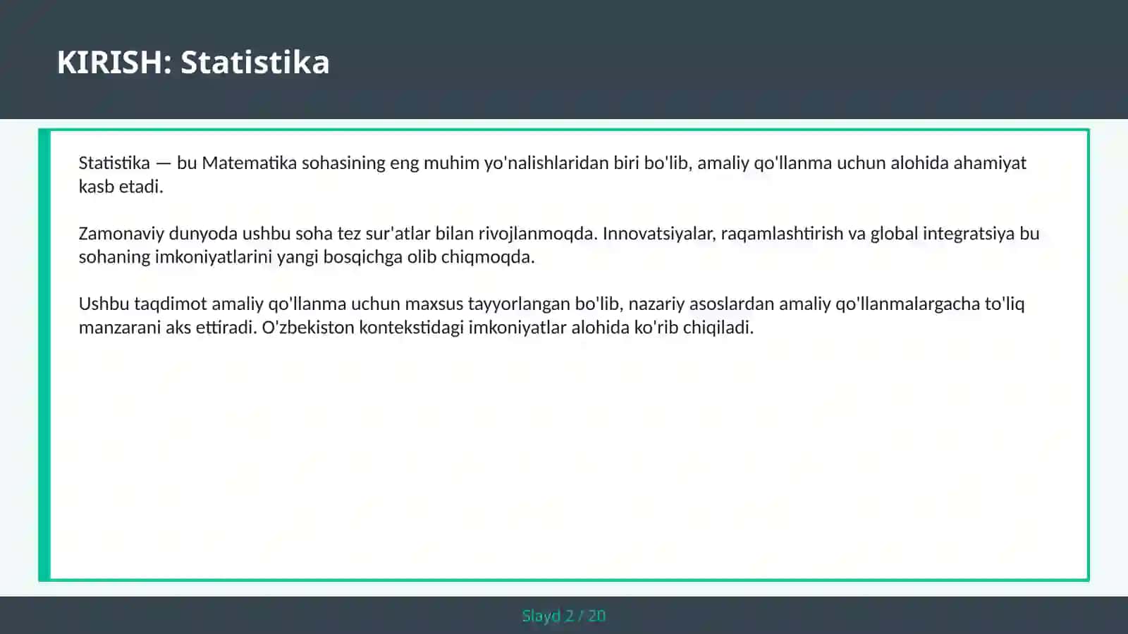Statistika Tahlil — amaliy qo'llanma 2030 2
