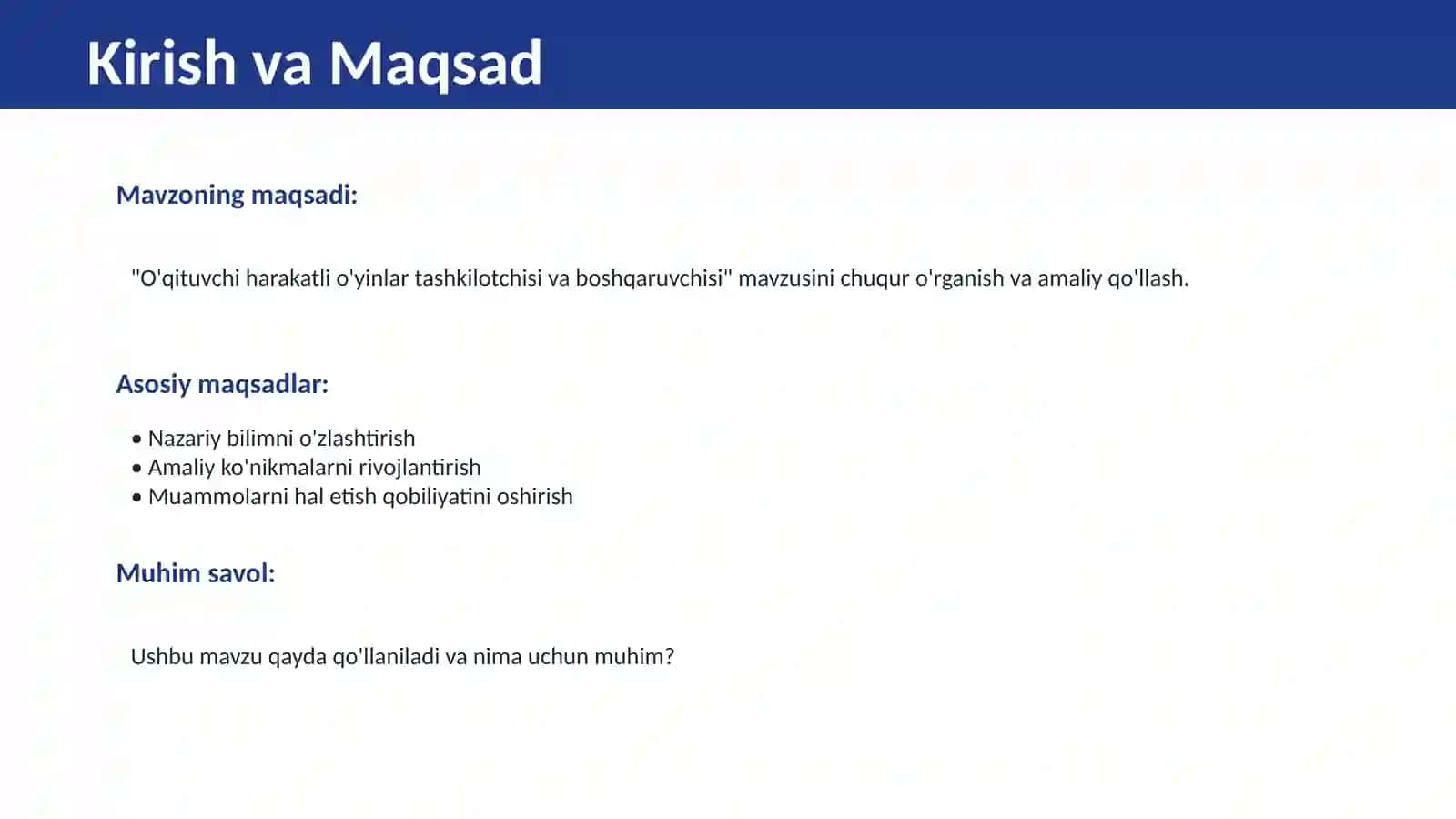 O'qituvchi harakatli o'yinlar tashkilotchisi va boshqaruvchisi 2