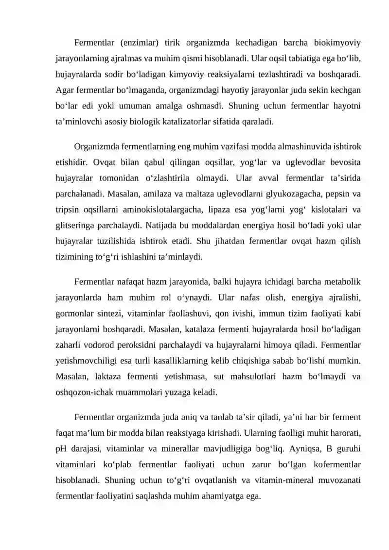Fermentlarni organizmdagi ahamiyati.Enzimo terapiya 2