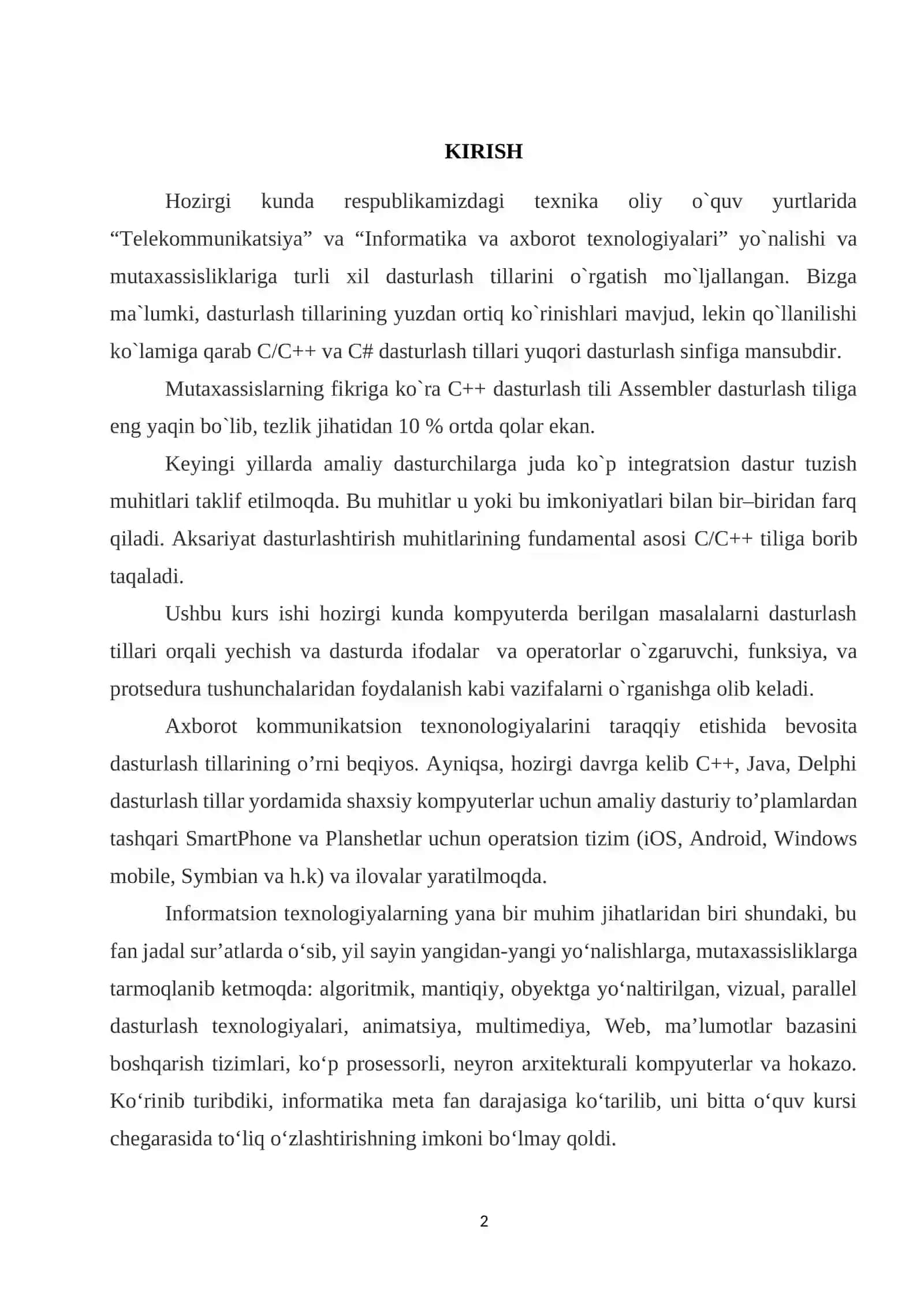 C++ TILIDAGI DASTURLARNING TARKIBIY QISMLARI 2