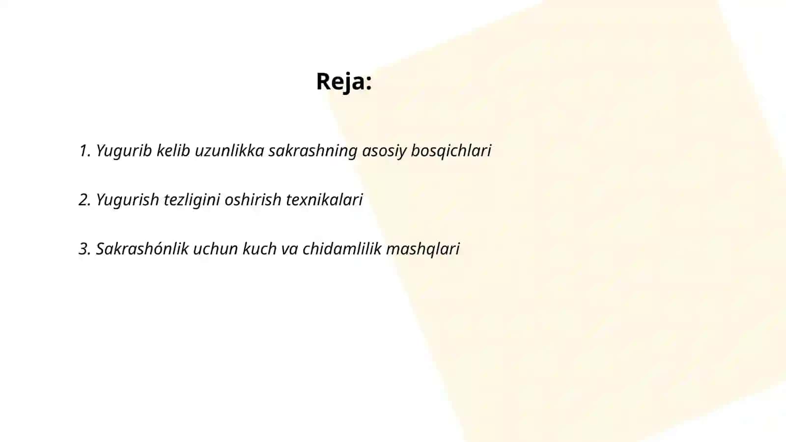 Yengil atletika: yugurib kelib uzunlikka sakrash texnikasini o'rgatish 2