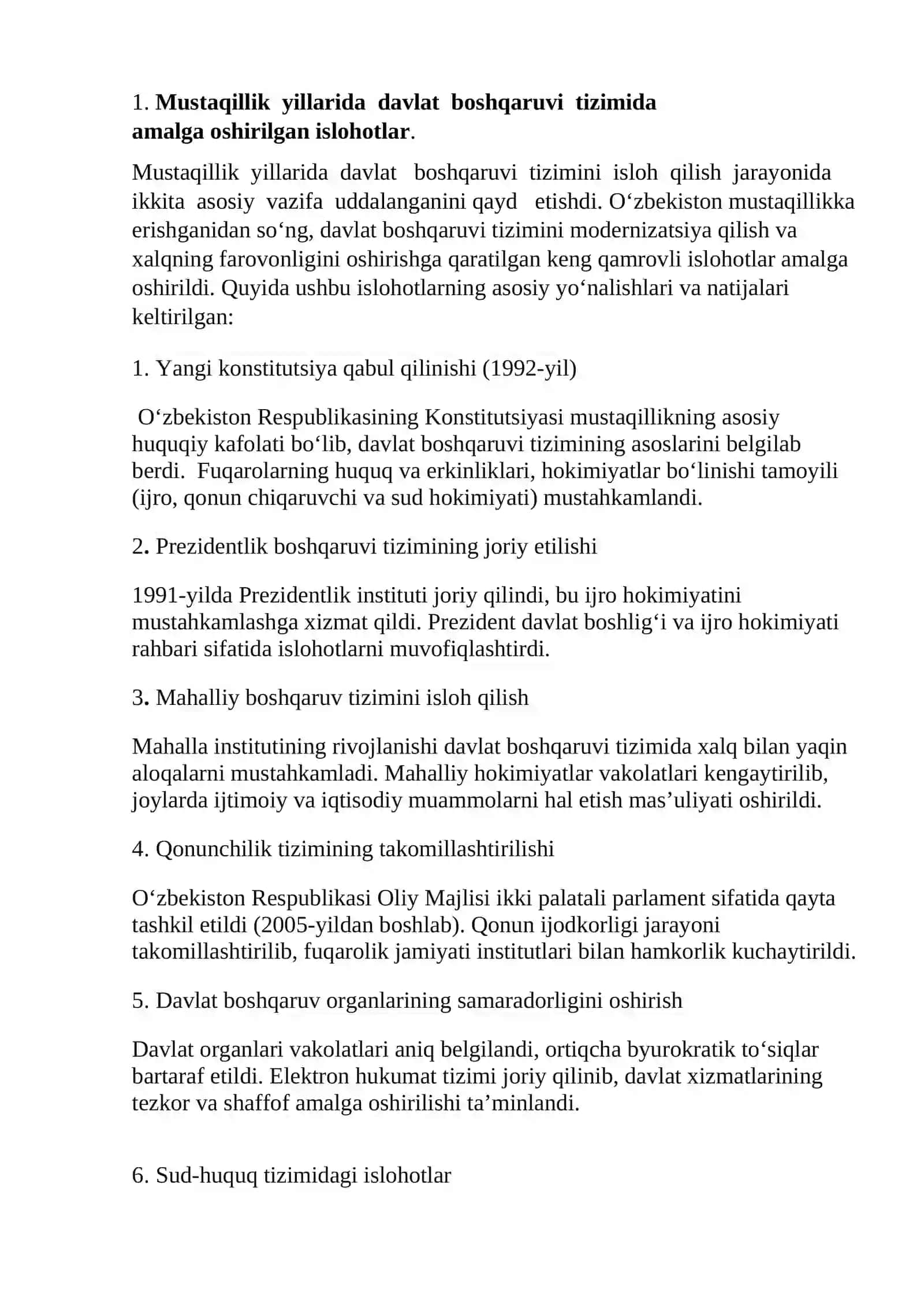 Mustaqillik yillarida davlat boshqaruvi tizimida amalga oshirilgan islohotlar 2