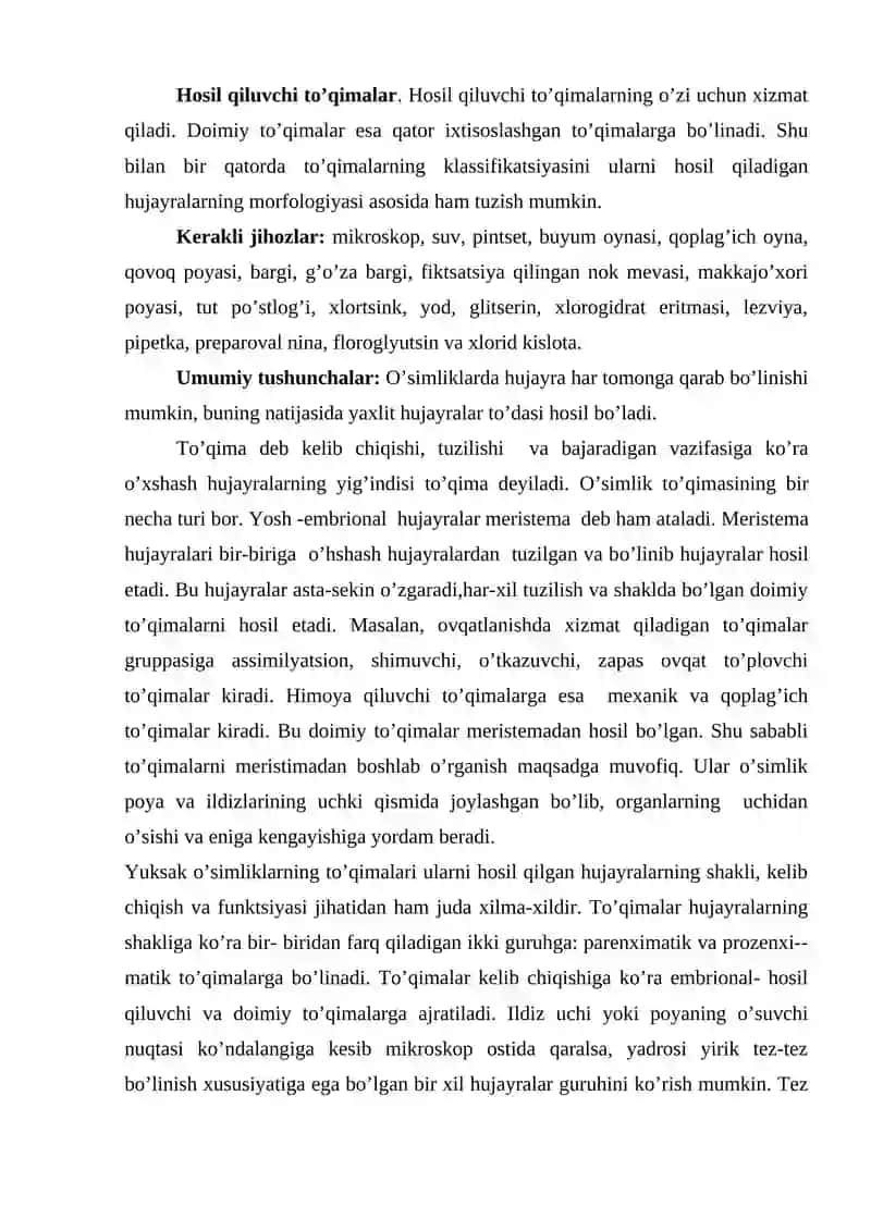 Hosil qiluvchi to’qima. Poyaning o’sish konusi 2