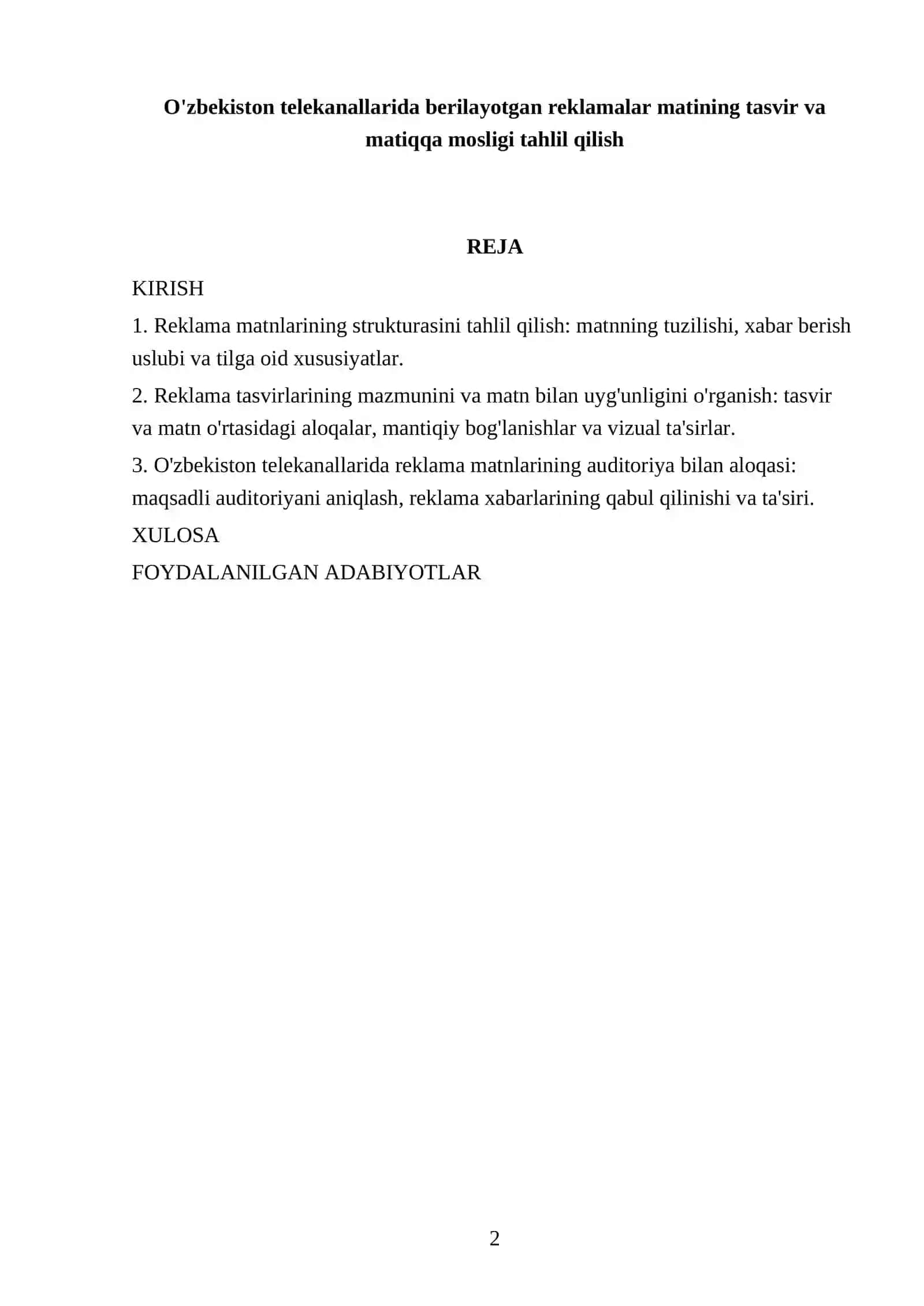 O'zbekiston telekanallarida berilayotgan reklamalar matining tasvir va matiqqa mosligi tahlil qilish 2