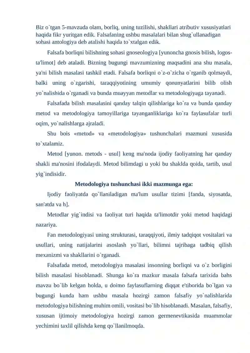 Falsafada metdod va metodologiya muammosi falsafiy qonunlar va kategoriyalar 2
