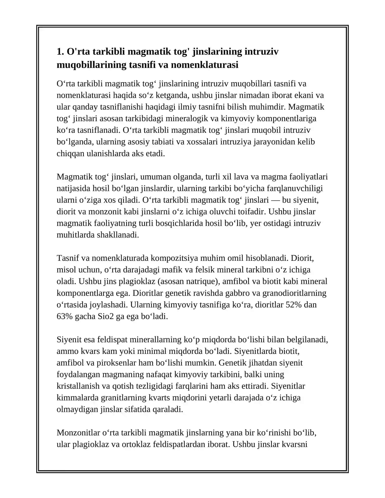 O'RTA TARKIBLI MAGMATIK TOG' JINSLARNING INTRUZIV ORTA TARKIBLI MAGMATIK TOG' JINSLARNING INTRUZIV MUQOBILLARI 2