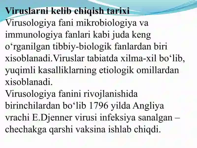 Odam patologiyasida viruslarning ahamiyati.Viruslarga umumiy xarakteristika,tuzilishi,ko’payishi,ajratib olish. 2