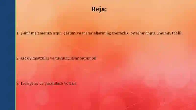 Ikkinchi sinf matematika dasturlari va materiallarning choraklar bo'yicha joylashuvi umumiy tahlili 2