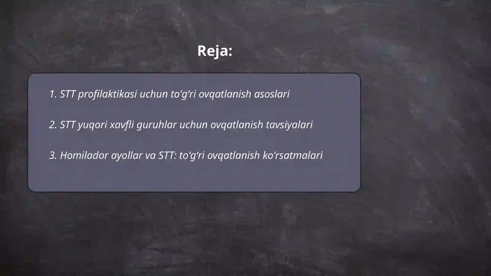 Aholi orasida STT va toʻgʻri ovqatlanish boʻyicha tavsiyalar 2