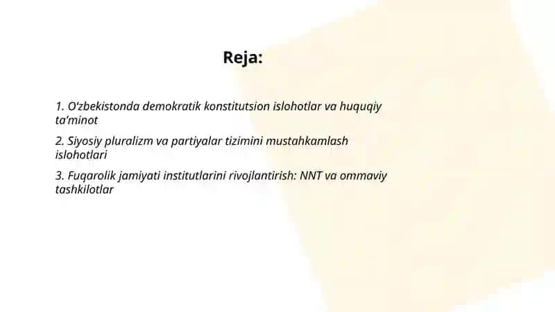 Oʻzbekistonda demokratik fuqarolik jamiyati asoslarining shakllanishi amalga oshirilgan islohotlar 2