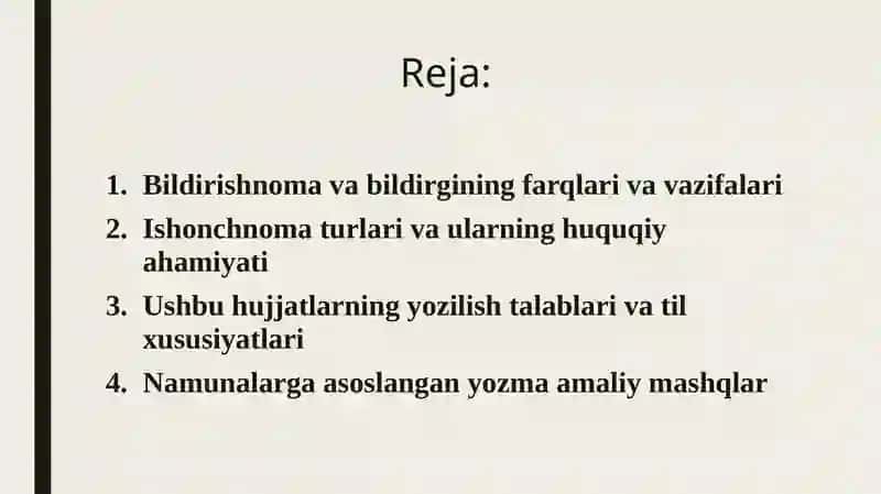 Bildirishnoma, bildirgi, ishonchnoma. Yozilish uslubi, o‘ziga xos xususiyatlari. 2