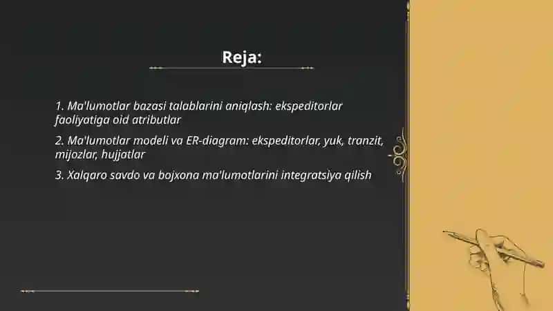 Tashqi iqtisodiy jarayonlarda ekspeditorlarning faoliyati haqida ma’lumotlar bazasini shakllantirish 2