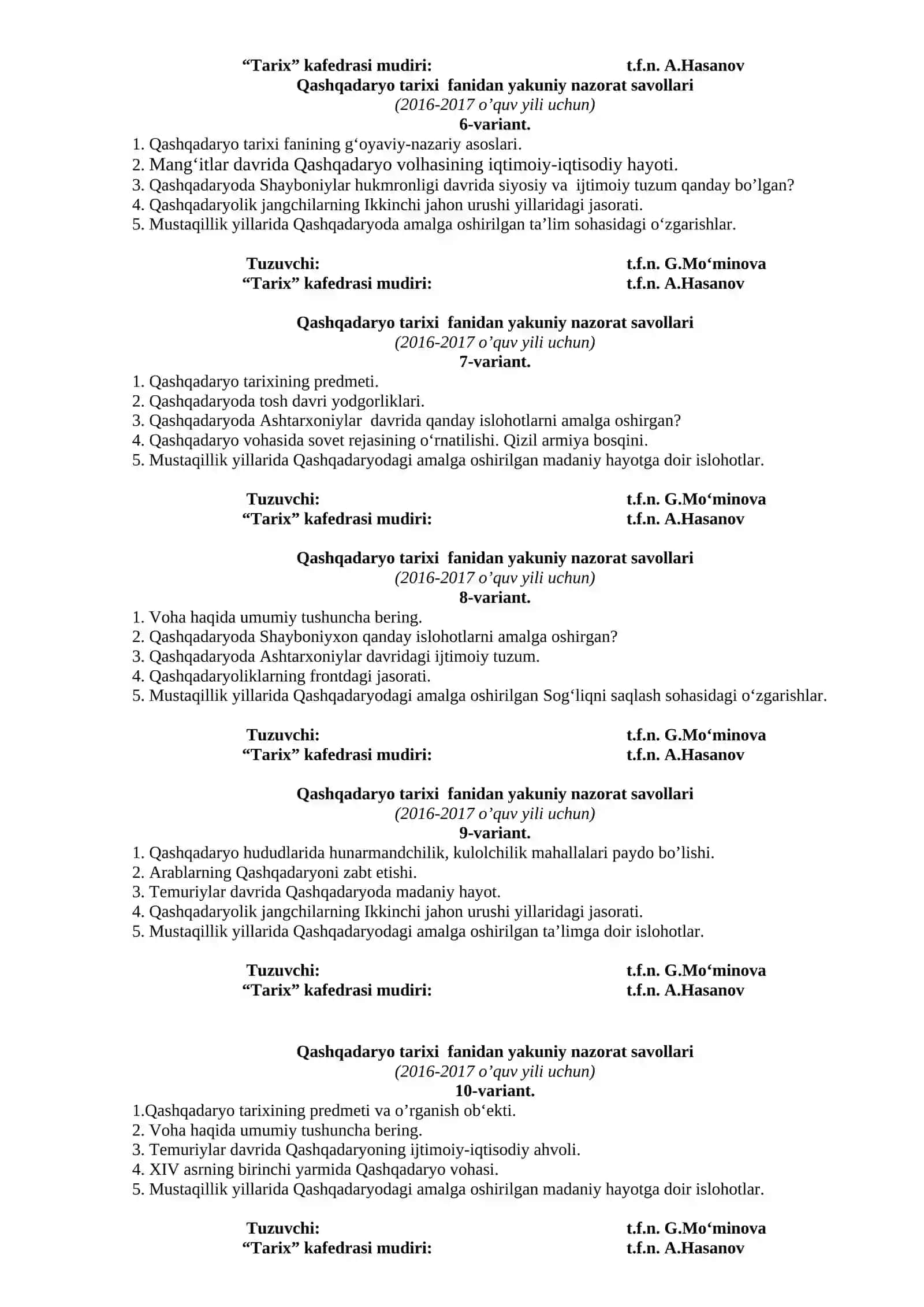 Qashqadaryo tarixi fanidan yakuniy nazorat savollari 2