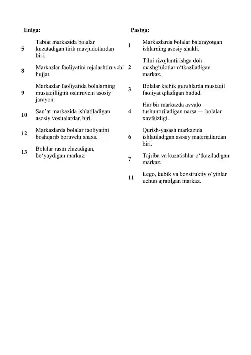 Maktabgacha taʼlimda markazlar faoliyatida olib boriladigan ishlar Krossvord 2