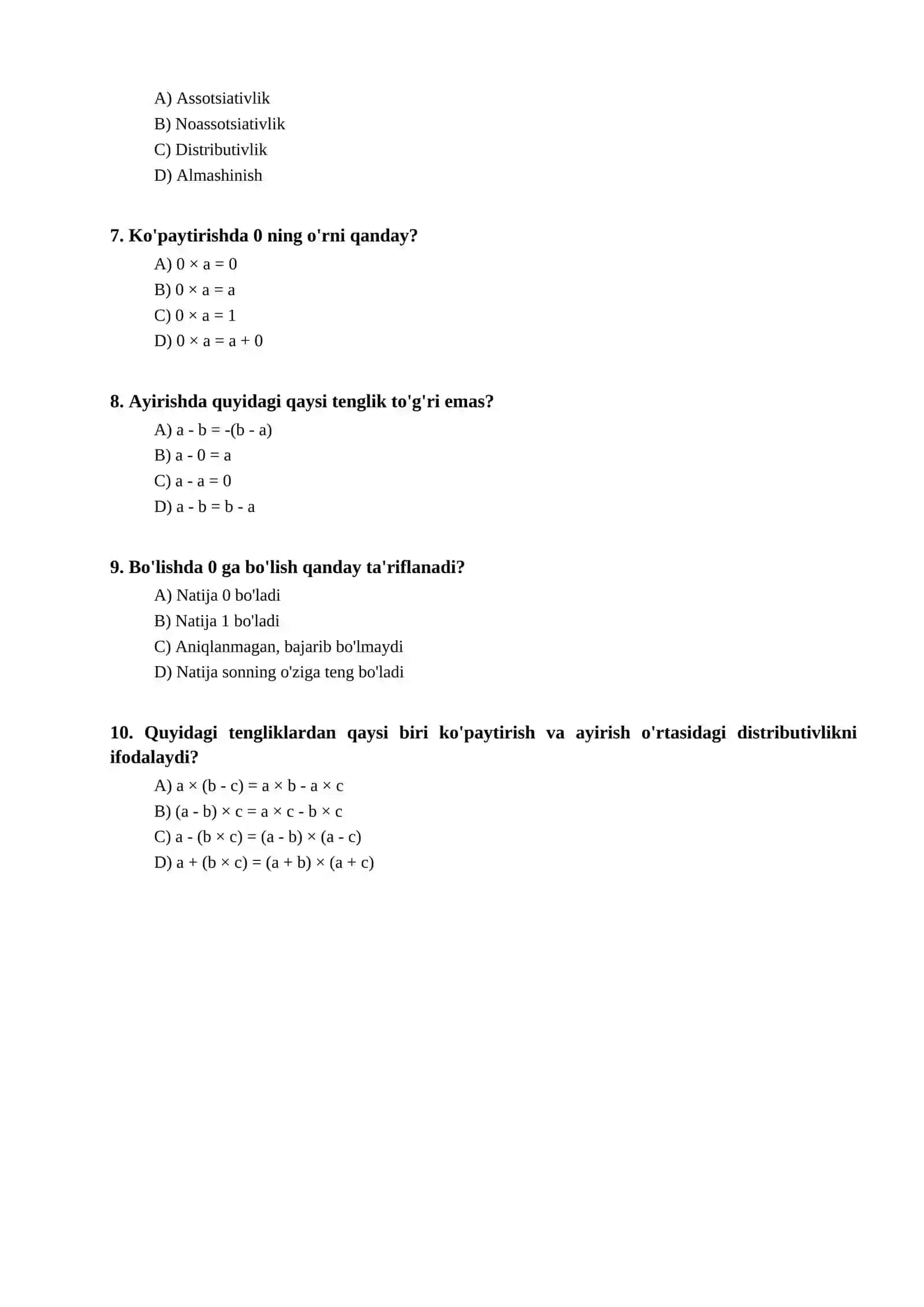 Matematika - Ko'paytirish qonunlari, Ayirish va Bo'lishning ta'rifi bo'yicha test 2