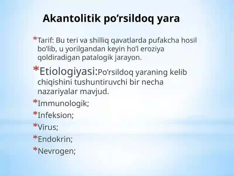 Dermatovenerologiya. Dyuring uchuqsimon dermatiti. Po‘rsildoq yara 2